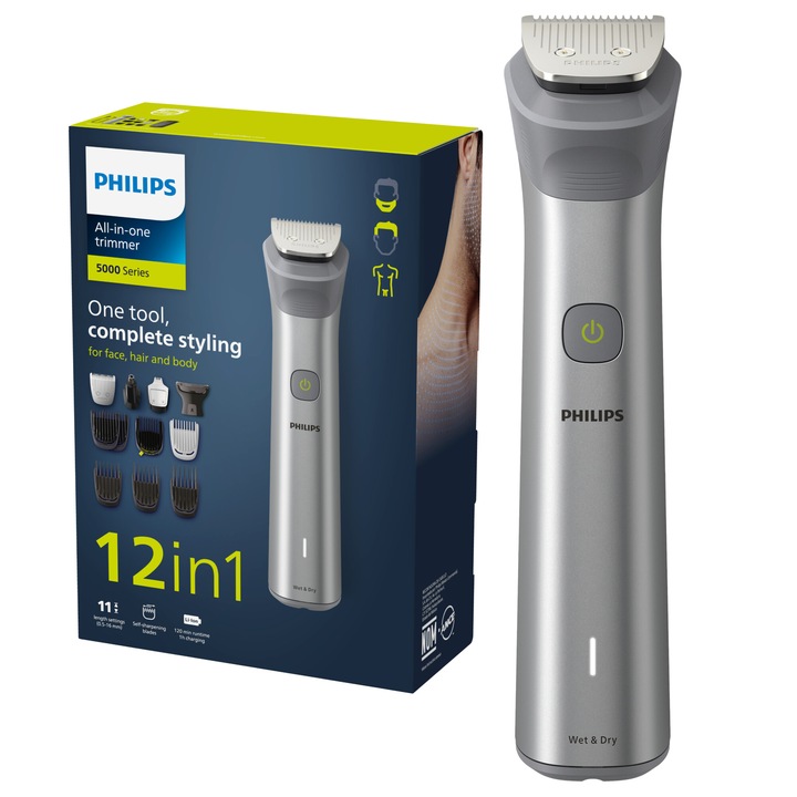 Тример за брада и коса 12 в 1 Philips Multigroom All in One MG5940/15, технология BeardSense, Самонаточващи се стоманени остриета, 11 настройки за дължина, Водоустойчив, Калъф, Черен/Сребрист