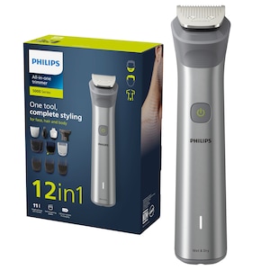 Aparat de tuns barba si parul 12 in 1 PHILIPS Multigroom All in One MG5940/15, tehnologie BeardSense, lame din otel cu auto-ascutire, 11 setari de lungime, rezistent la apa, husa, Negru / Argintiu