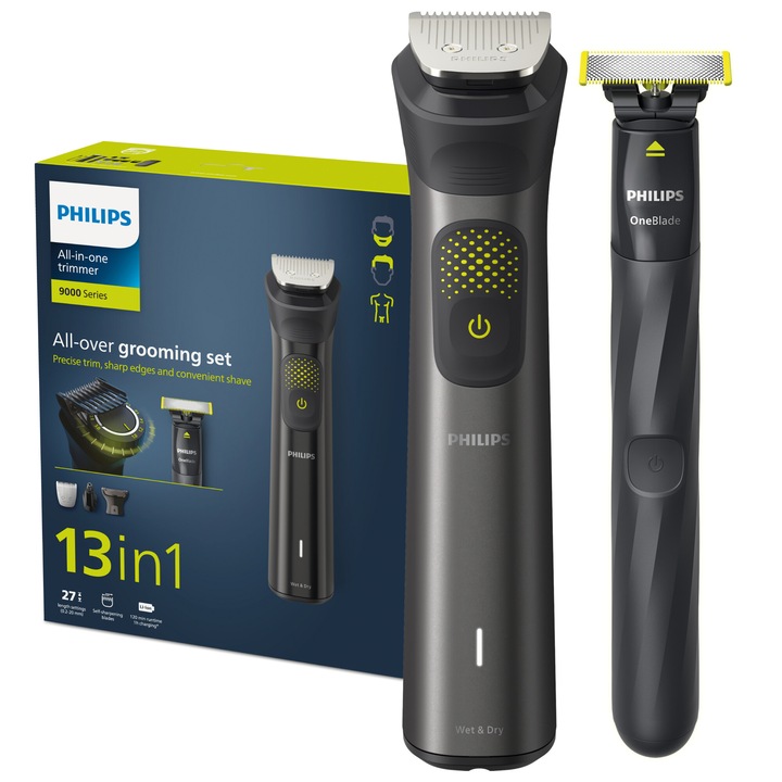 Set OneBlade & Aparat de tuns barba si parul 13 in 1 PHILIPS Multigroom All in One MG9530/15, tehnologie BeardSense si OneBlade, lame din otel cu auto-ascutire, 27 setari de lungime, rezistent la apa, husa, Negru