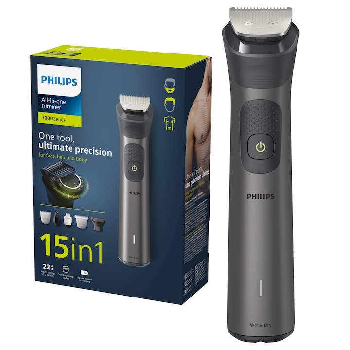 Aparat de tuns barba si parul 15 in 1 Philips Multigroom All in One MG7940/15, tehnologie BeardSense, lame din otel cu auto-ascutire, 22 setari de lungime, rezistent la apa, husa, Negru / Argintiu