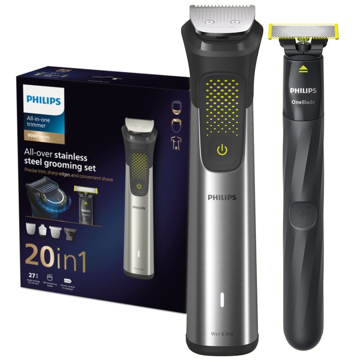 Set OneBlade & Aparat de tuns barba si parul 20 in 1 PHILIPS Multigroom All in One MG9553/15, tehnologie BeardSense si OneBlade, lame din otel cu auto-ascutire, 27 setari de lungime, rezistent la apa, husa, Argintiu