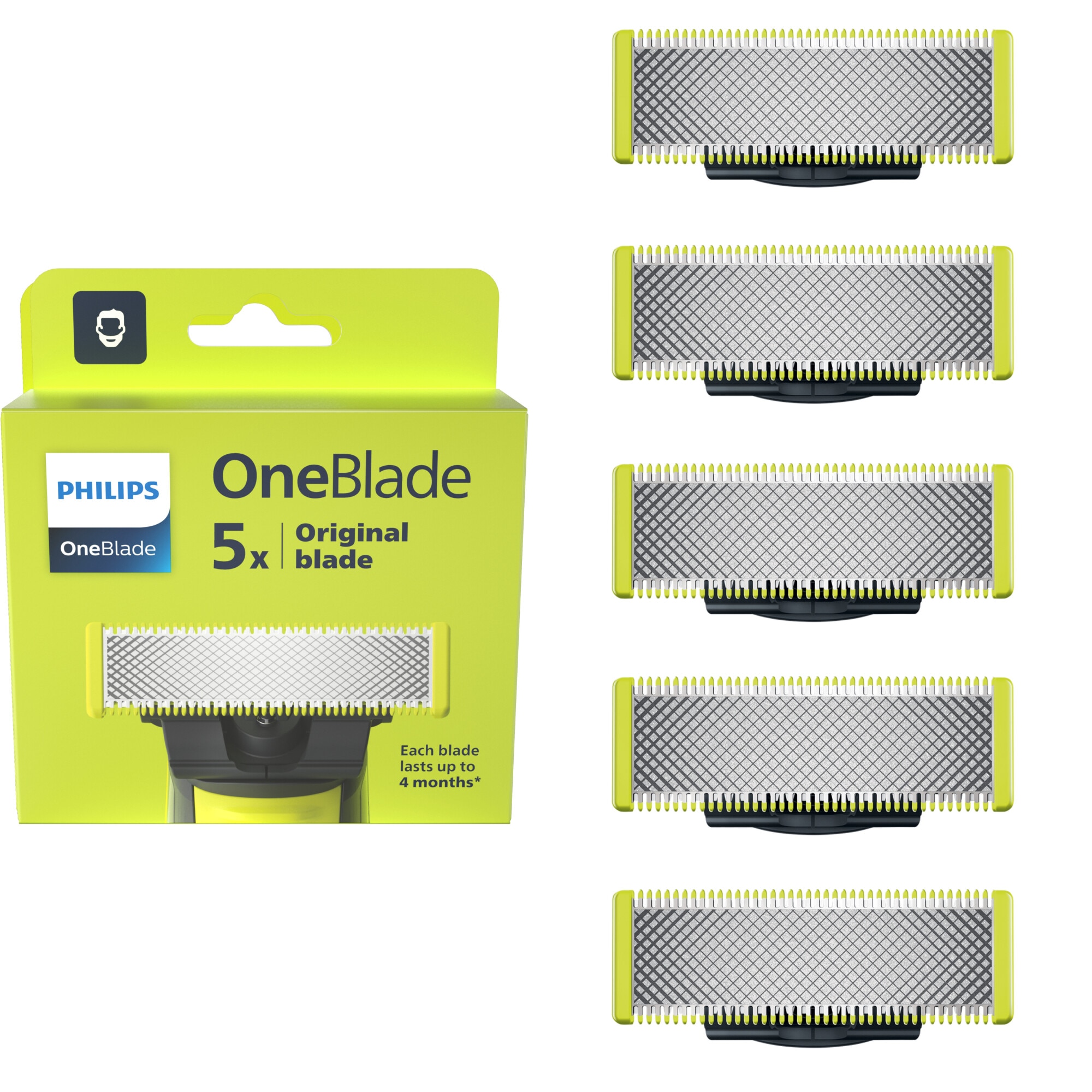Rezerva PHILIPS OneBlade QP250/50, otel inoxidabil, umed si uscat, kit 5 lame, pentru orice model PHILIPS OneBlade si OneBladePro, Verde