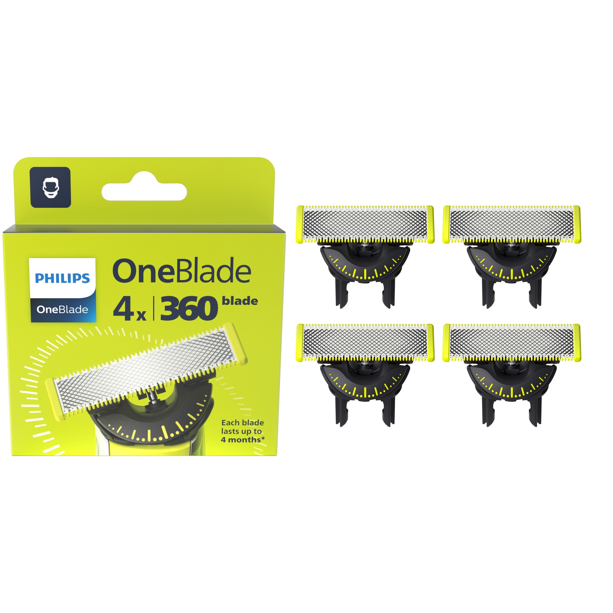 Rezerva PHILIPS OneBlade 360, QP440/50, otel inoxidabil, umed si uscat, kit 4 lame, pentru orice model PHILIPS OneBlade si OneBladePro, Verde