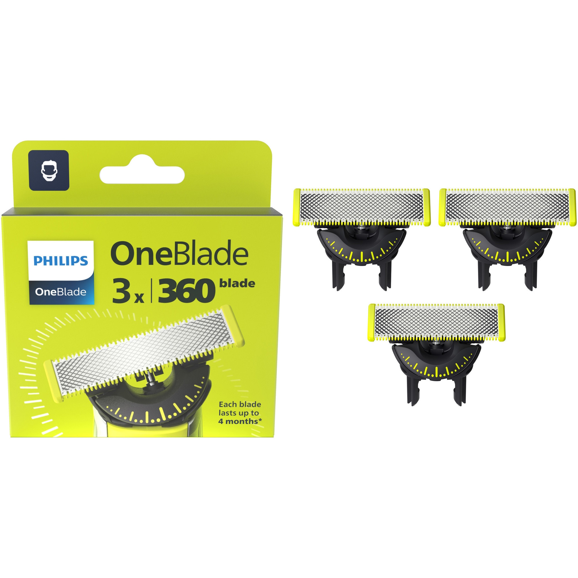 Rezerva PHILIPS OneBlade 360, QP430/50, otel inoxidabil, umed si uscat, kit 3 lame, pentru orice model PHILIPS OneBlade si OneBladePro, Verde