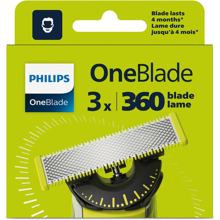 Резерва OneBlade 360, QP430/50, Неръждаема стомана, Мокро и сухо, Комплект 3 ножчета, Съвместимост с Philips OneBlade и OneBladePro, Зелен