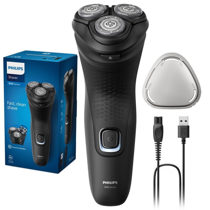 Philips Shaver Series 1000 S1141/00, мокро и сухо бръснене, без кабел, 4D гъвкави глави, самонаточващи се ножчета, 40 мин., защитен капак, Черен
