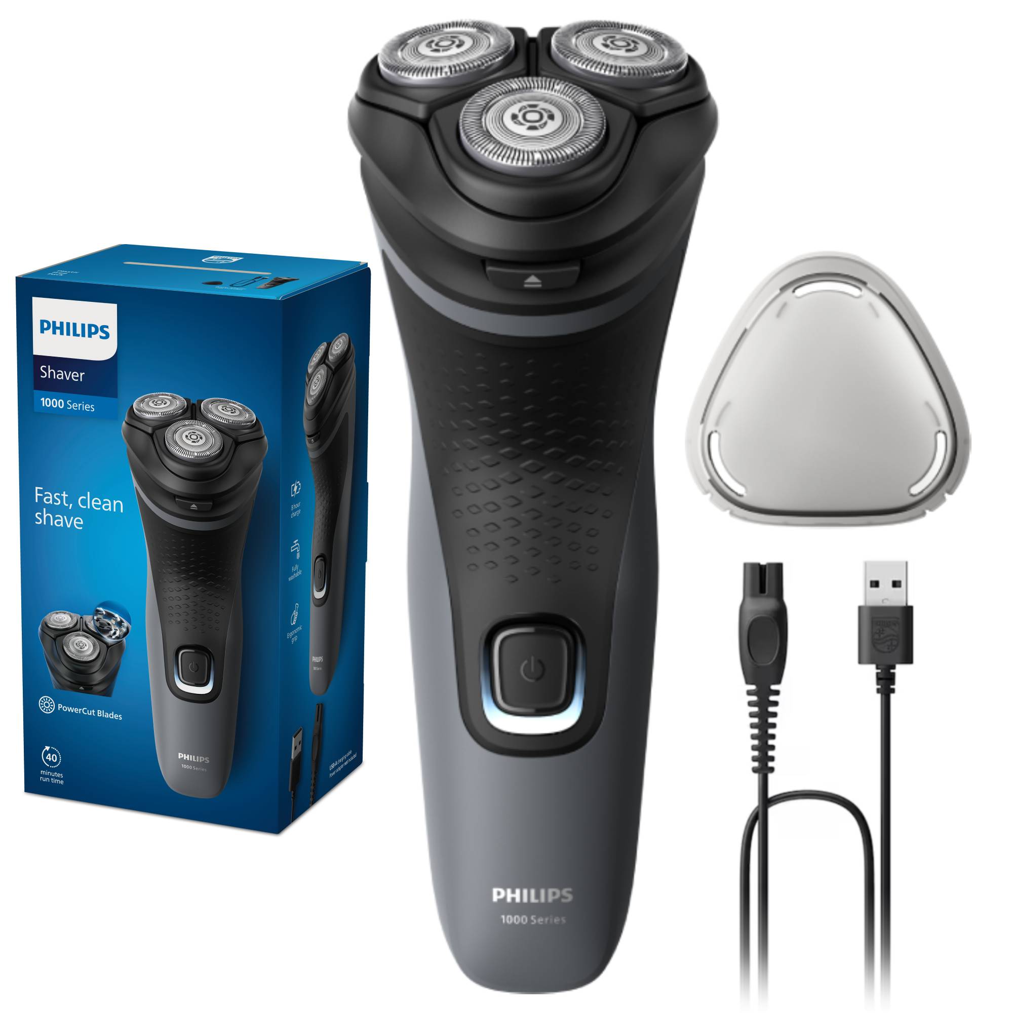Aparat de ras PHILIPS Shaver Seria 1000 S1142/00, barbierit umed şi uscat, fara fir, capete 4D flexibile, lame autoascutire, 40 min, capac de protectie, Gri inchis