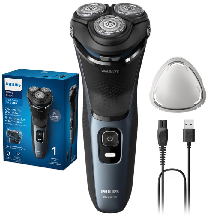 Самобръсначка Philips Shaver Series 3000 S3144/00, Мокро и сухо бръснене, Без кабел, 5D въртящи се и гъвкави глави, Самонаточващи се ножчета, 60 мин., Защитна капачка, Син