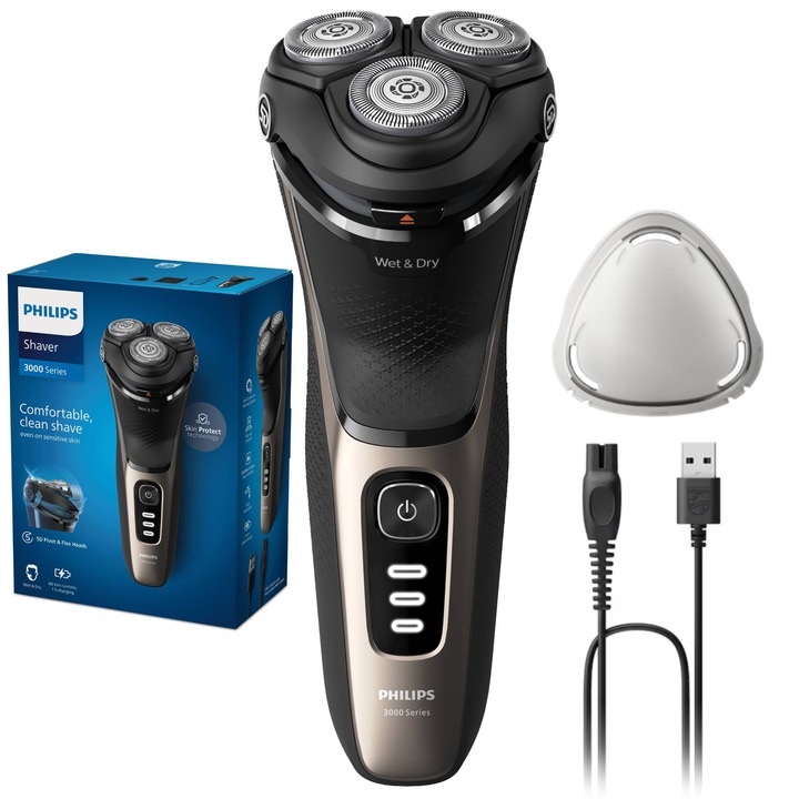 Самобръсначка Philips Series 3000 S3242/12, Моко и сухо, Безжична, 5D въртящи се и гъвкави бръснещи глави, Самонаточващи се ножчета, 60 мин, Защитна капачка, Сив/Златист