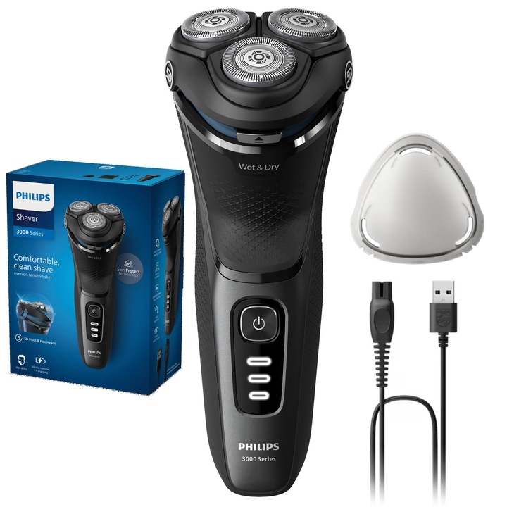 Самобръсначка Philips Shaver Series 3000 S3244/12, Мокро и сухо бръснене, Без кабел, 5D въртящи се и гъвкави глави, Самонаточващи се ножчета, 60 минути, Антикорозионна система за бръснене, Защитен капак, Черен