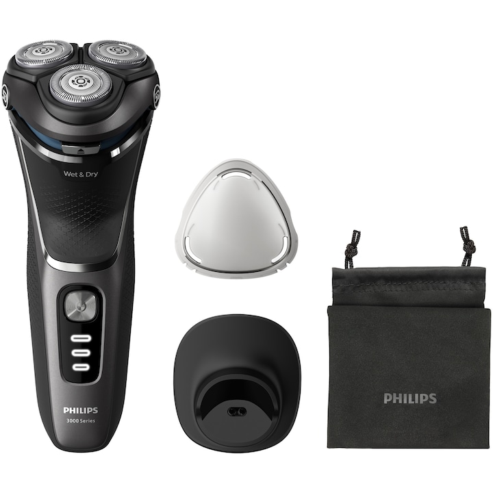 Philips Shaver Series 3000 S3343/13, nedves és száraz borotválkozás, vezeték nélküli, 5D forgó és rugalmas fejek, önélező pengék, 60 perc, korróziógátló borotvarendszer, védőburkolat, töltőállvány, fekete