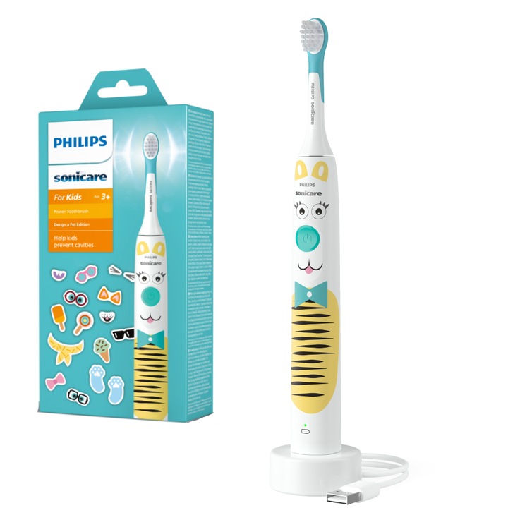 Електрическа звукова четка за зъби Philips Sonicare Kids HX3601/01, 2 интензитета, Свързване към приложение, 1 глава, Приложение за консултиране, стикери, Бял/Син