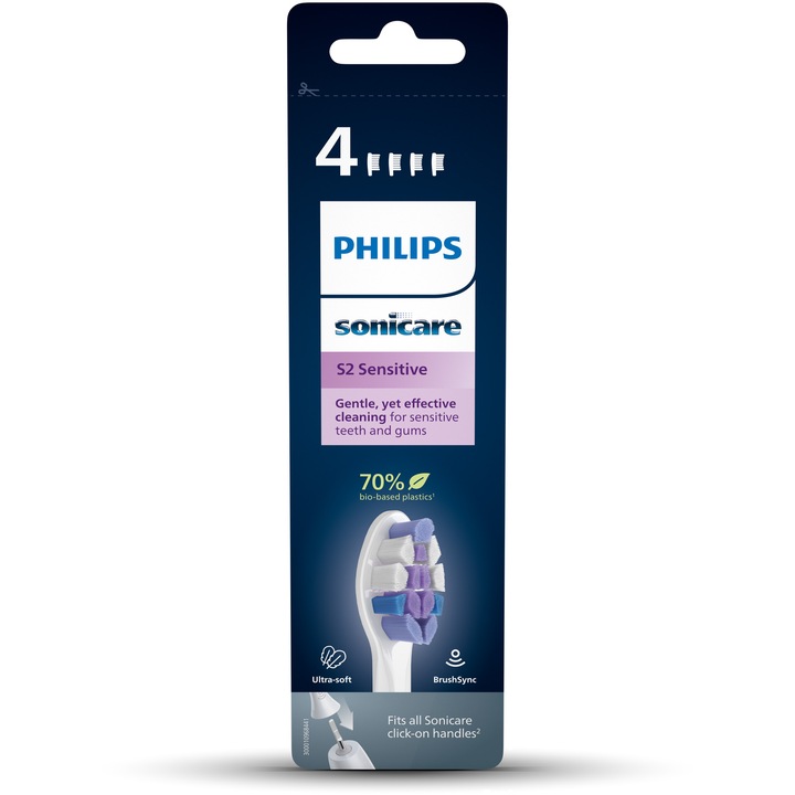 Резерви Philips Sonicare Sensitive HX6054/10, 4 комплекта глави за четки, стандартни, с щракване, Синхронизация в режим BrushSync, Бял