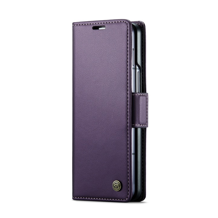 Husa pentru Samsung Galaxy Z Fold5, CaseMe, slim, piele, tip portofel, stand, inchidere sigura magnetica, textura moale si aderenta in mana, protectie RFID, Mov