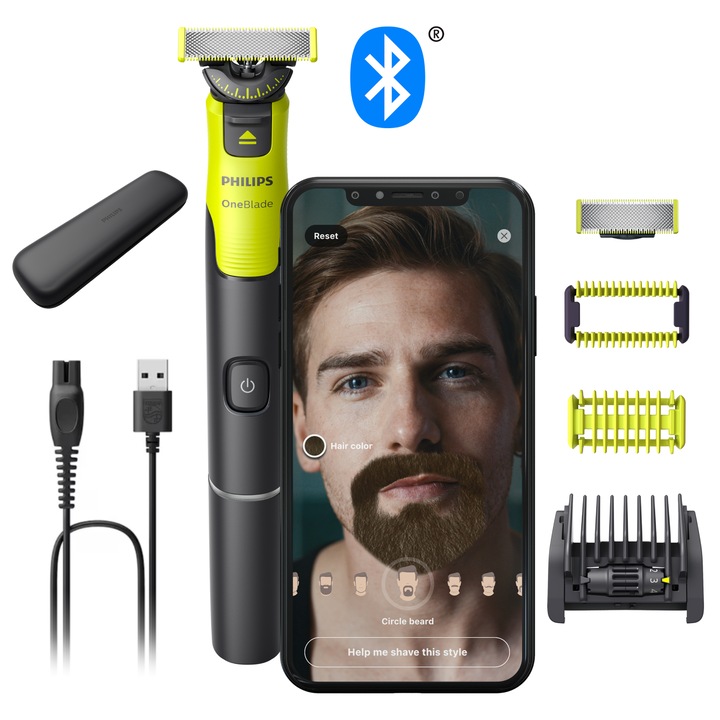 Тример за брада и тяло Philips OneBlade 360 QP4631/65, Регулируем гребен 5 в 1, Акумулаторна, Bluetooth свързаност, Мокра и суха употреба, 60 минути, Транспортен калъф, Допълнително сменяемо 360 острие, Лайм
