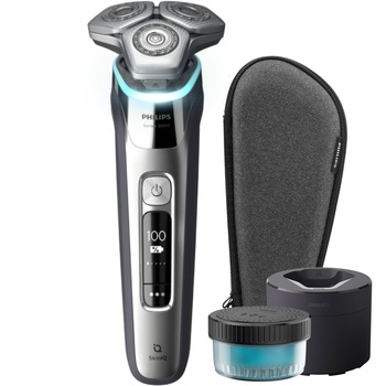 Aparat de ras PHILIPS Shaver Seria 9000 S9975/55, barbierit umed şi uscat, fara fir, tehnologie SkinIQ, capete flexibile 360°, lame autoascutire, personalizare prin aplicatie, senzor Power Adapt, 60 min, toc de transport, Argint cromat