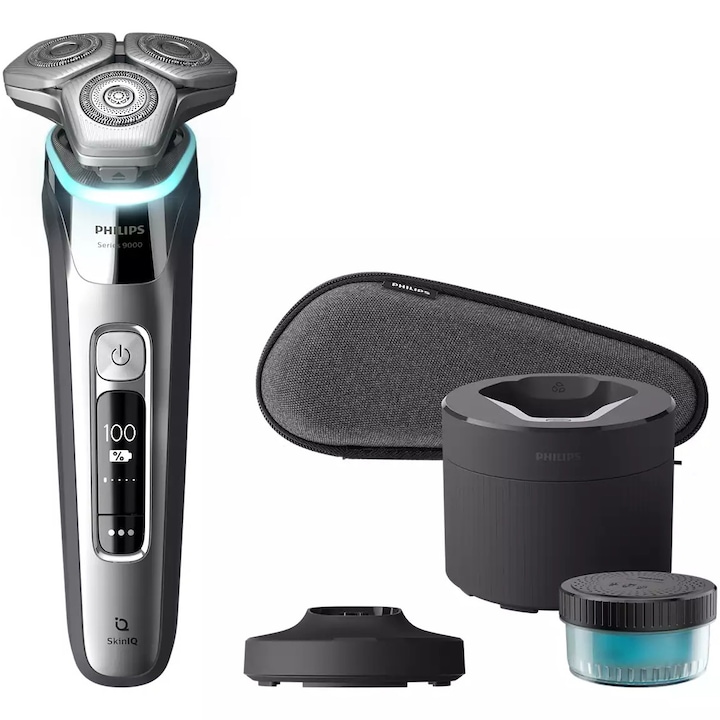 Philips Shaver Series 9000 S9975/55, nedves és száraz borotválkozás, vezeték nélküli, SkinIQ technológia, 360°-os rugalmas fejek, önélező pengék, személyre szabás alkalmazáson keresztül, Power Adapt érzékelő, 60 perc, hordtáska, ezüst króm