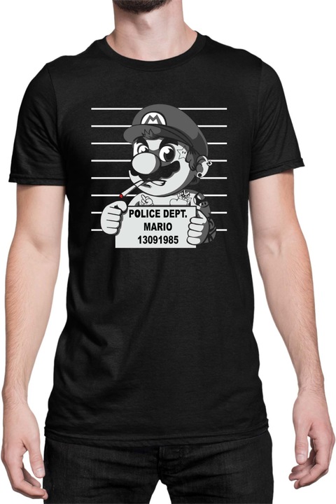 Férfi póló Super Mario Nintendo Tralala Mario Wanted Mugshot, Fekete