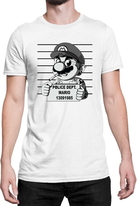 Férfi póló Super Mario Nintendo Tralala Mario Wanted Mugshot, Fehér