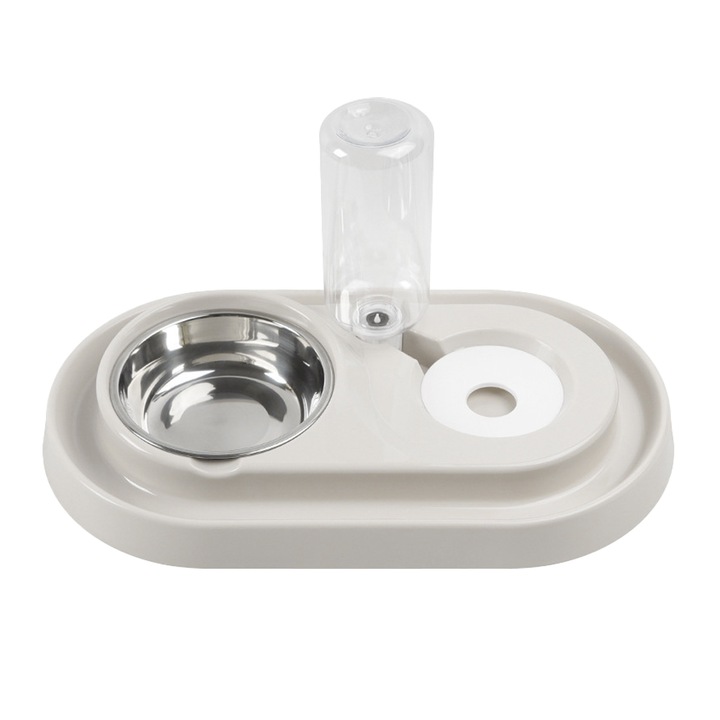 Комплект двойна купа с автоматично шише за хранене на животни, подвижна, сива, неръждаема стомана/пластмаса