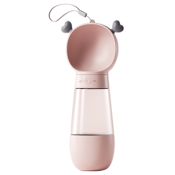 Sticla de apa 2 in 1 pentru caini cu recipient pentru mancare, roz, design etans