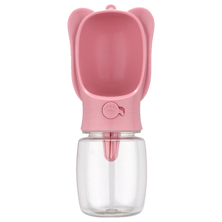 Sticla portabila pentru caini, cu filtru si sistem anti-scurgere, roz/transparent