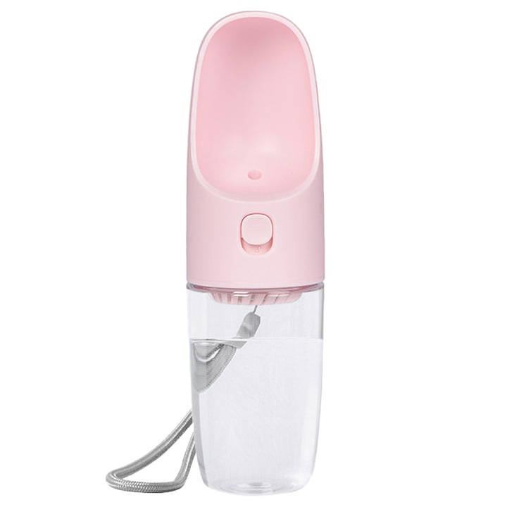 Sticla de apa portabila pentru caini, silicon/ABS, etansa, roz/transparent