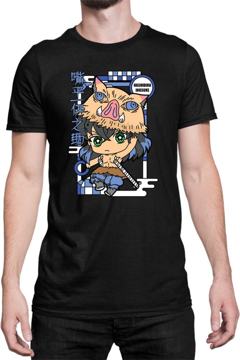 Férfi póló Demon Slayer Kimetsu no Yaiba Tralala Chibi Inosuke Hashibira, Fekete
