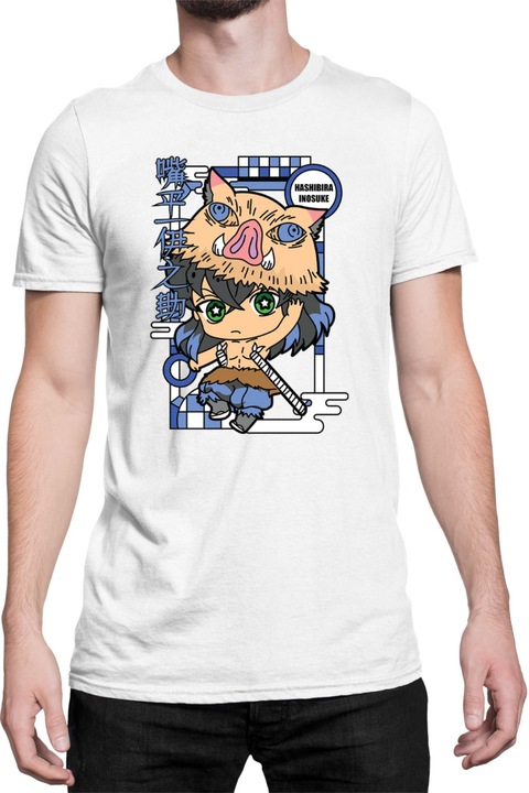 Férfi póló Demon Slayer Kimetsu no Yaiba Tralala Chibi Inosuke Hashibira, Fehér