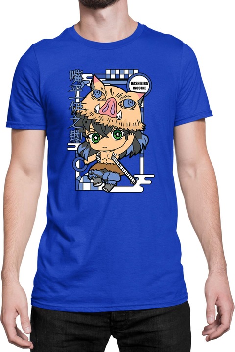 Мъжка тениска Demon Slayer Kimetsu no Yaiba Tralala Chibi Inosuke Hashibira, Син, XL