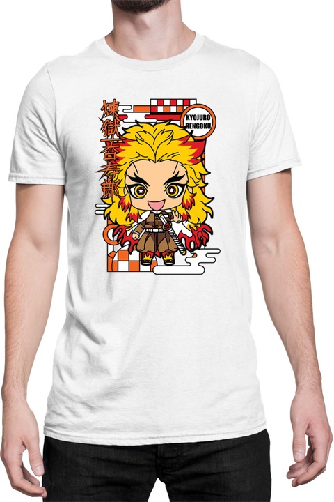 Férfi póló Demon Slayer Kimetsu no Yaiba Tralala Chibi Kyojuro Rengoku, Fehér