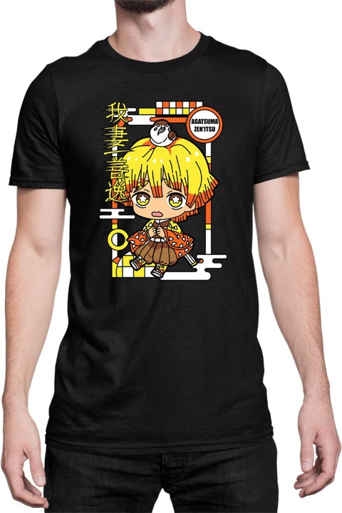 Férfi póló Demon Slayer Kimetsu no Yaiba Tralala Chibi Zenitsu Agatsuma, Fekete