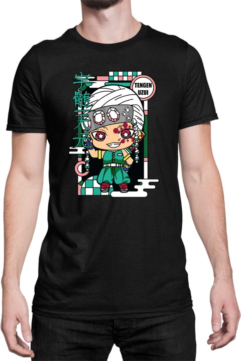 Férfi póló Demon Slayer Kimetsu no Yaiba Tralala Chibi Tengen Uzui, Fekete