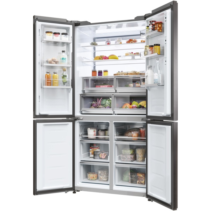 Хладилник Side by side Cube Haier HCW9919FSGB, 586 л, Total No Frost, Big Touch Display, Web browser, Switch zone, My Smart Home, Super Cooling, Super Freezing, My food Locator, My Inventory system, Class F, H 190 см, Черен