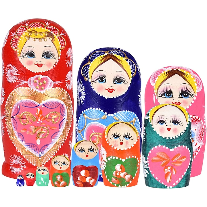 Комплект от 10 матрьошки, GelldG, дърво, 22 см, многоцветни