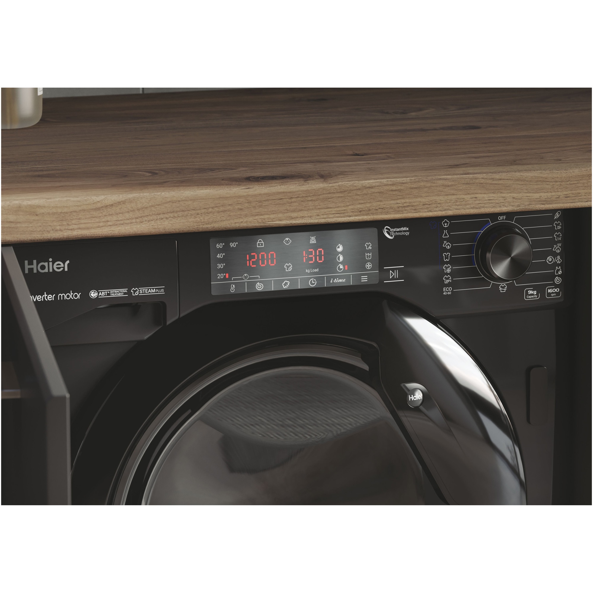 Masina de spalat rufe incorporabila HAIER HWQ90B416FWBB-S, Motor Inverter, clasa A, 9 kg, 1600 rpm, Instant Mix Technology, Steam Plus, iTime, negru lucios