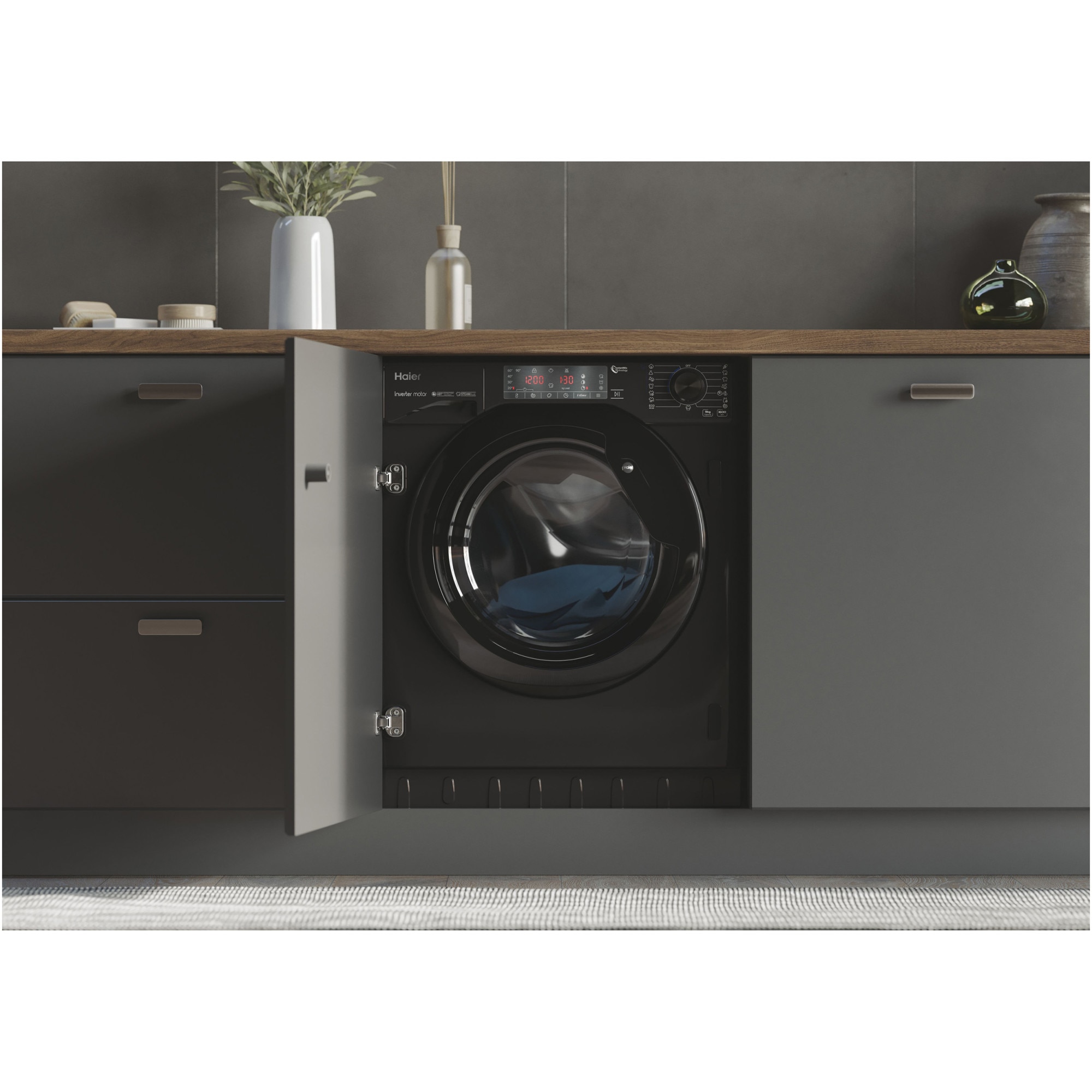 Masina de spalat rufe incorporabila HAIER HWQ90B416FWBB-S, Motor Inverter, clasa A, 9 kg, 1600 rpm, Instant Mix Technology, Steam Plus, iTime, negru lucios