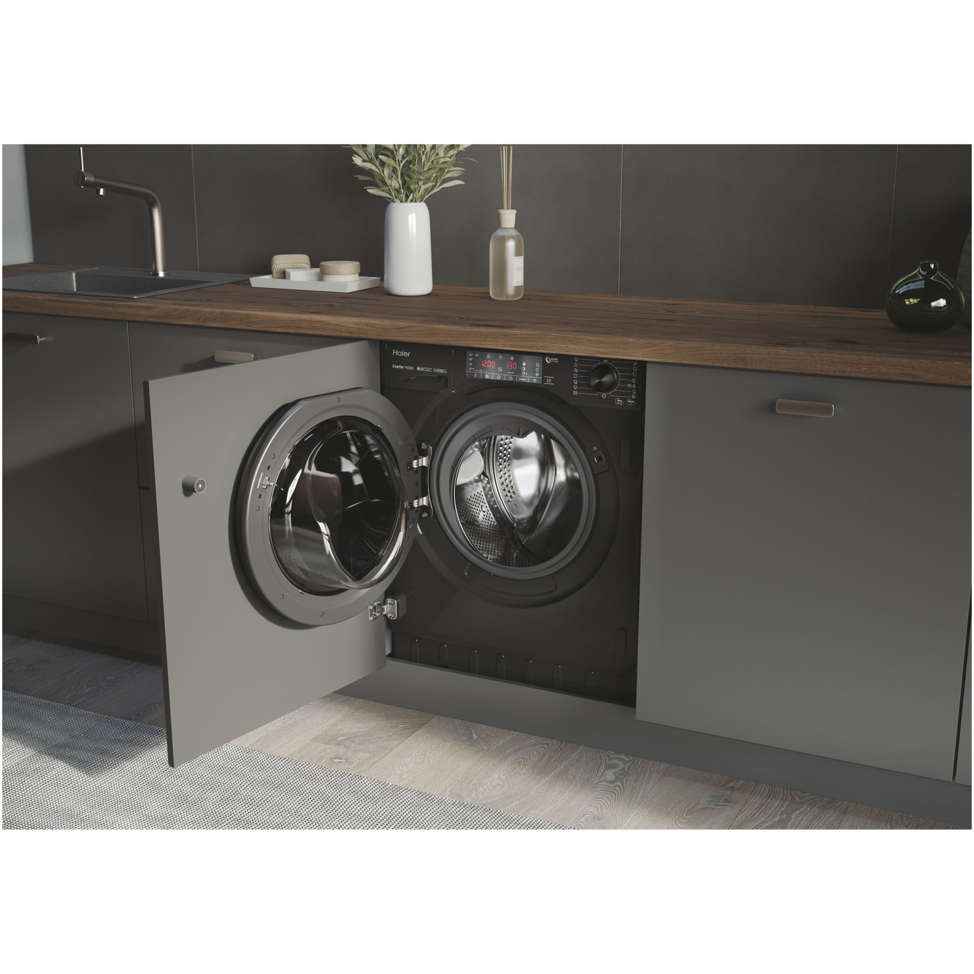 Masina de spalat rufe incorporabila HAIER HWQ90B416FWBB-S, Motor Inverter, clasa A, 9 kg, 1600 rpm, Instant Mix Technology, Steam Plus, iTime, negru lucios