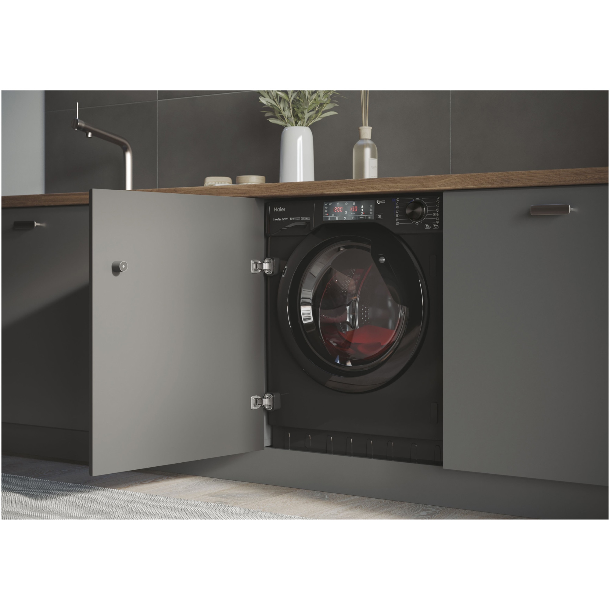 Masina de spalat rufe incorporabila HAIER HWQ90B416FWBB-S, Motor Inverter, clasa A, 9 kg, 1600 rpm, Instant Mix Technology, Steam Plus, iTime, negru lucios