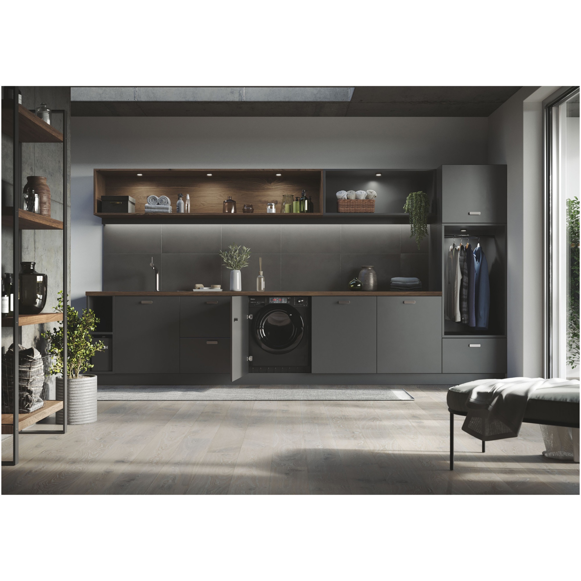 Masina de spalat rufe incorporabila HAIER HWQ90B416FWBB-S, Motor Inverter, clasa A, 9 kg, 1600 rpm, Instant Mix Technology, Steam Plus, iTime, negru lucios