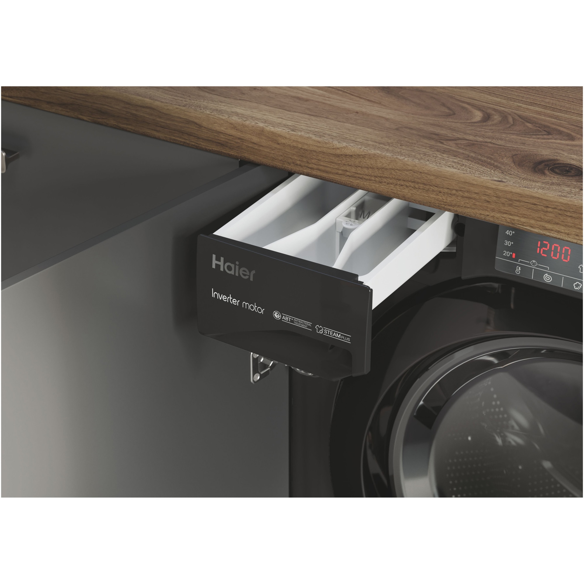 Masina de spalat rufe incorporabila HAIER HWQ90B416FWBB-S, Motor Inverter, clasa A, 9 kg, 1600 rpm, Instant Mix Technology, Steam Plus, iTime, negru lucios