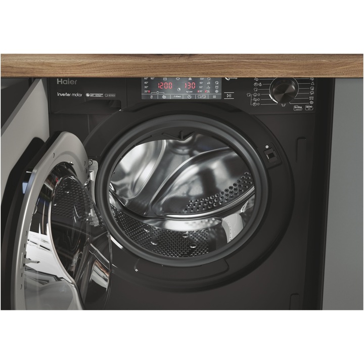 Masina de spalat rufe cu uscator incorporabila HAIER HWDQ90B416FWBB-S, motor Inverter, clasa A, 9+5 kg, 1600 rpm, Instant Mix Technology, Refresh, i-Time, neagra