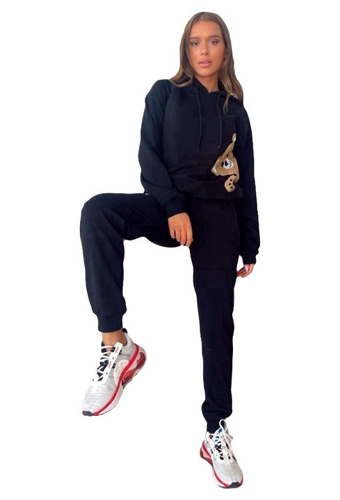 Trening dama Cute Bear, pantaloni si hanorac cu gluga, Negru