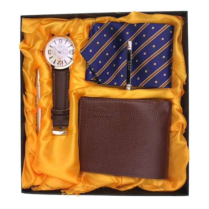 Férfi készlet, 4 részes, pénztárca/toll/óra/nyakkendő, 22x20cm, M6