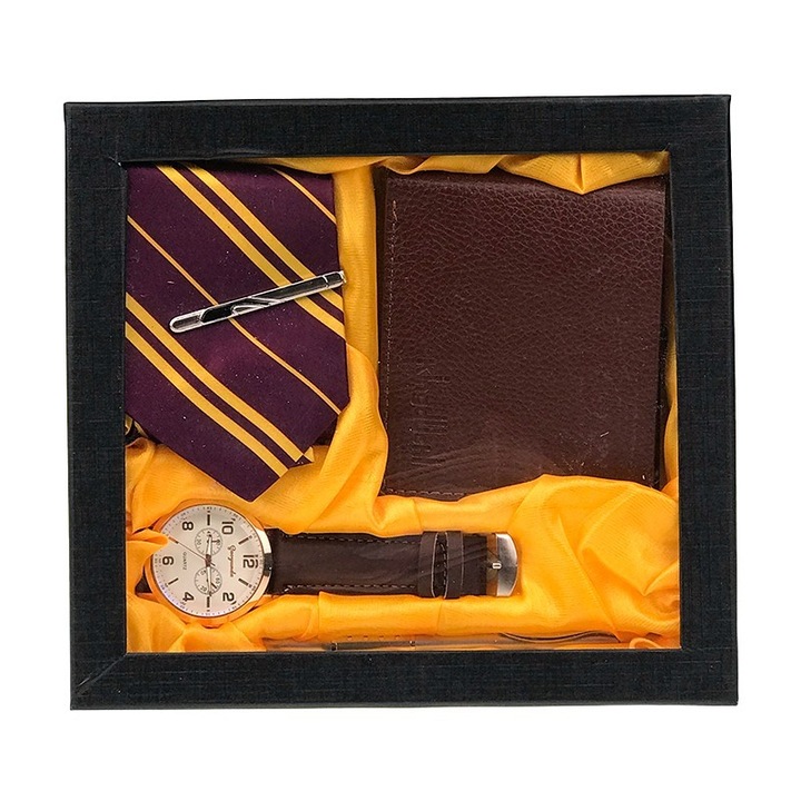 Férfi készlet, 4 részes, pénztárca/toll/óra/nyakkendő, 22x20cm, M4