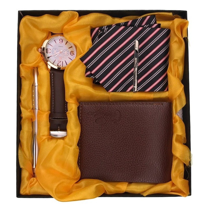 Férfi készlet, 4 részes, pénztárca/toll/óra/nyakkendő, 22x20cm, M3