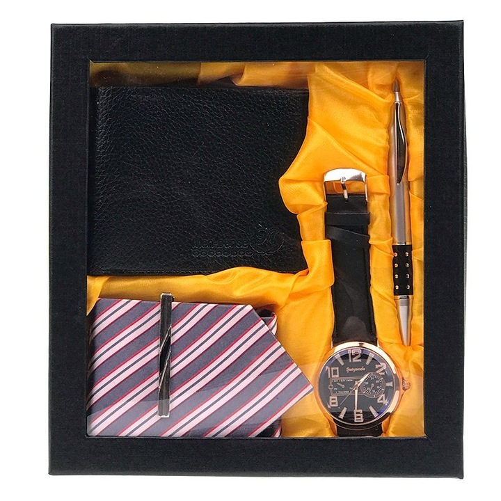 Férfi készlet, 4 részes, pénztárca/toll/óra/nyakkendő, 22x20cm, M1