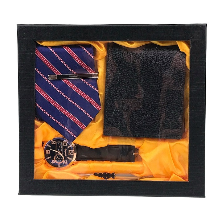 Férfi készlet, 4 részes, pénztárca/toll/óra/nyakkendő, 22x20 cm, M2