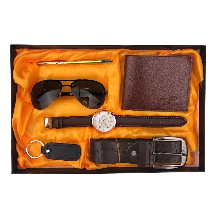 Férfi készlet, 6 részes, pénztárca/kulcstartó/toll/óra/szemüveg/öv, 32x21cm, M1