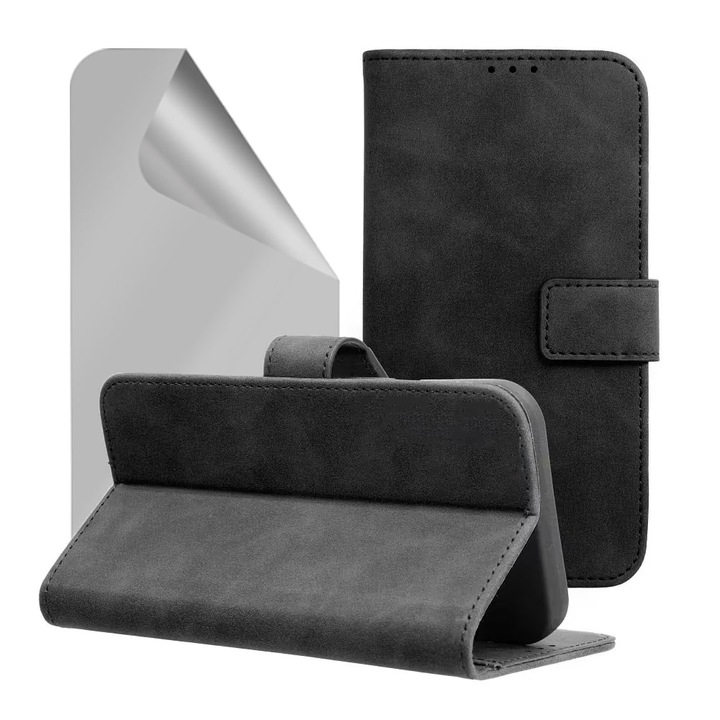 Set Husa Flip din Piele Vegana si Folie Silicon compatibila cu Apple iPhone 14 plus, Inchidere Magnetica cu Bareta, Hydrogel Regenerabil, Tip Carte, Design Unic, Suport Card, Piele Ecologica, Protectie Completa, Negru